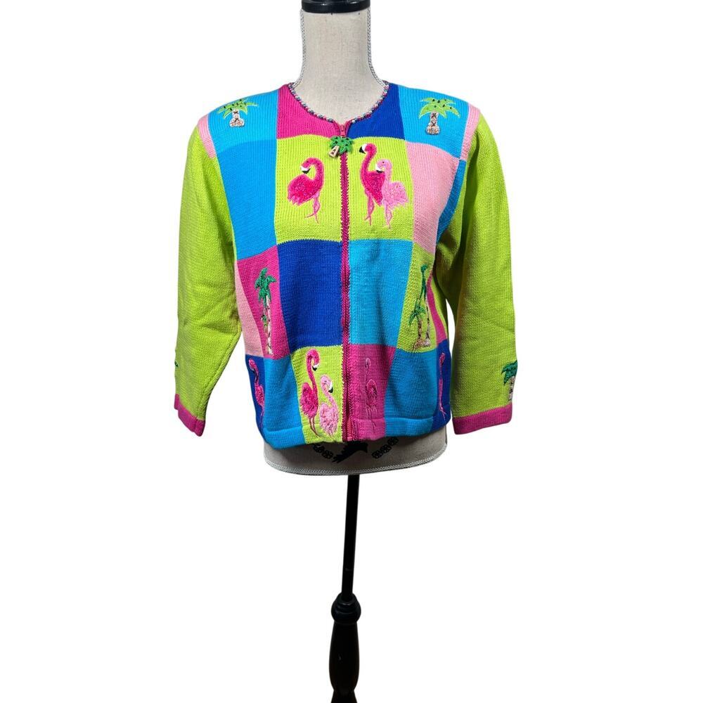 Jack B Quick Colorful Flamingo Florida Palm Sweater, size M, Pre-Loved, Dopamine